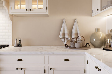 Kitchen with marble countertops and blurred kitchen background to display products on the surface.
