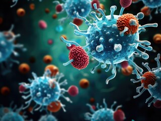 A close up of a bunch of red and blue corona virus cells. Generative AI.