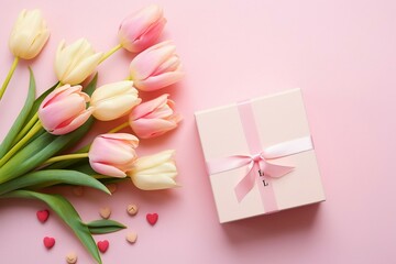 a bouquet of tulips next to a gift box