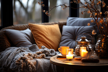 Cozy warm winter composition with soft pillows, cozy blanket and snowy landscape on winter day. Winter home decor. Christmas. New Years Eve.