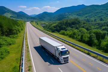 a truck on a road with green hills
