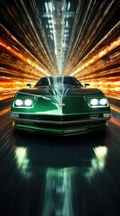 fast moving green supercar on  the highway at night - obrazy, fototapety, plakaty