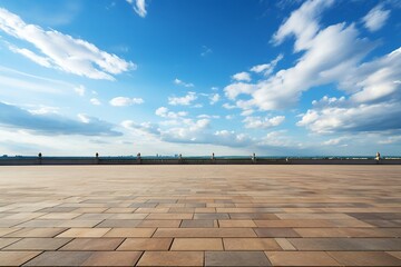 a stone floor with a blue sky and clouds - Powered by Adobe