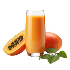 glass of fresh papaya juice and papaya isolated on white background, ai generated - obrazy, fototapety, plakaty