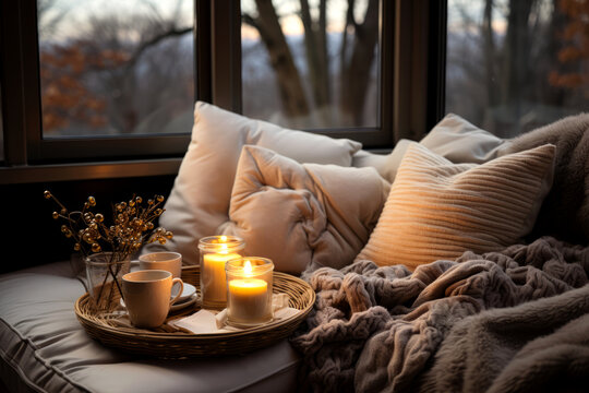 Cozy warm winter composition with soft pillows, cozy blanket and snowy landscape on winter day. Winter home decor. Christmas. New Years Eve.