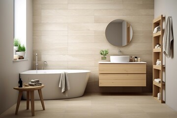Fototapeta na wymiar a bathroom with a round mirror and tub
