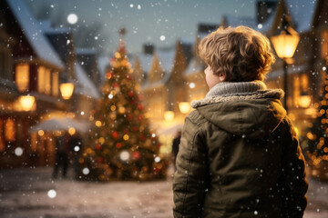 Cute boy having wonderful time on traditional Christmas market on winter evening. A child enjoying himself at Christmas fair decorated with lights.