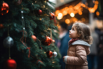 Beautiful girl having wonderful time on traditional Christmas market on winter evening. A child...