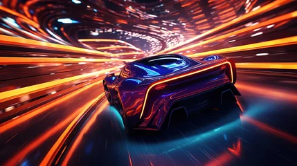 Foto op Canvas fast moving purple supercar on  the highway at night © Yi_Studio