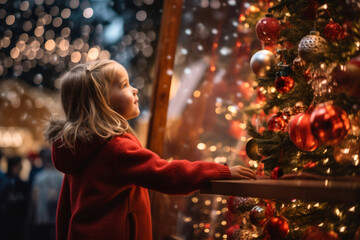 Beautiful girl having wonderful time on traditional Christmas market on winter evening. A child enjoying herself at Christmas fair decorated with lights. - obrazy, fototapety, plakaty