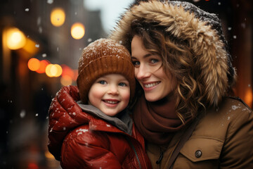 Mother and child having wonderful time on traditional Christmas market on winter evening. Parent...