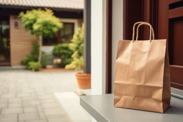 Paper bag with food delivery in front of house entrance. Grocery order delivered contact free. Takeout food left at door mat. - obrazy, fototapety, plakaty