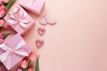 a group of pink gift boxes with bows and flowers