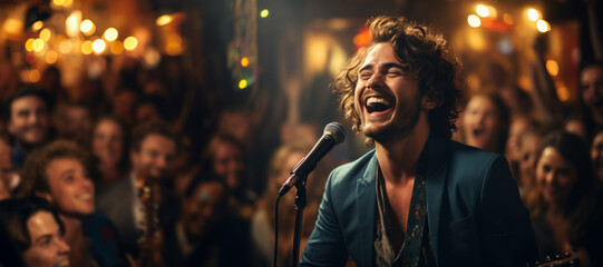 Cheerful musician performing in a pub. Performer singing to a microphone. People gathering in the background.