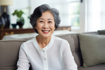 Portrait of elegant confident senior lady with gray hair and beautiful smile sitting on a sofa in living room.