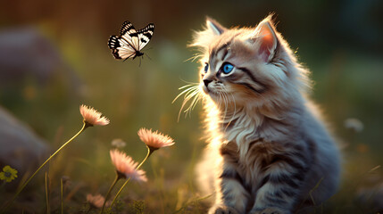 Naklejka na ściany i meble Cat and butterfly kitten