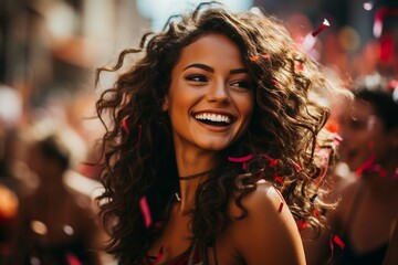 Fototapeta premium a woman with curly hair and confetti flying in the air