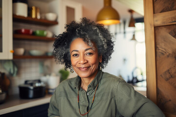 Fototapeta premium Portrait of elegant confident senior lady with gray hair and beautiful smile in her kitchen.