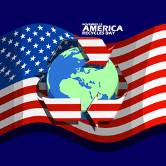 Recycle and earth icon on American flag, with bold text to commemorate America Recycles Day on November 15