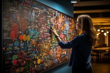a woman touching a large blackboard