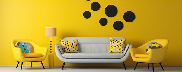 Modern living room design and yellow sofa on yellow background - obrazy, fototapety, plakaty