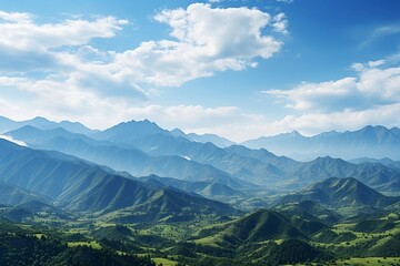 Fototapeta premium a landscape of a green valley with mountains and blue sky
