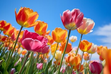 a group of tulips in a field