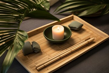 a candle in a bowl on a bamboo mat