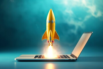 Launching a new product or service. Technology development process. Space rocket launch. 3d render. Yellow rocket lift up from the display laptop.