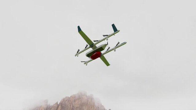 Delivery of medical care by drone to hard-to-reach places. Example of air delivery. 3d rendering.
