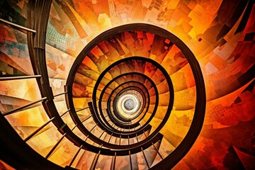 An abstract artwork depicting a spiral staircase viewed from a perspective angle. Generative AI