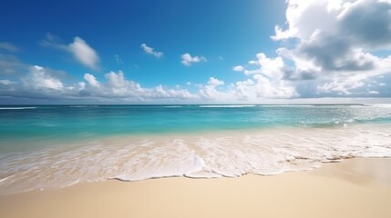 Fototapeta na wymiar Panorama of a beautiful white sand beach. Holiday summer beach background.. Wave of the sea on the sand beach. generative AI