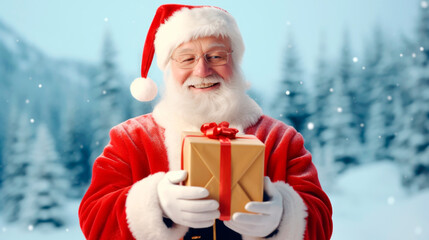 Santa Claus holding Christmas bag with gift box and looking up to camera. Ai generated