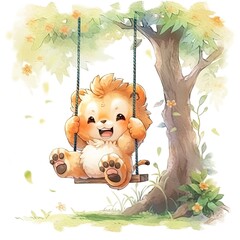 Cute and happy baby lion on swings on the tree in watercolor style.