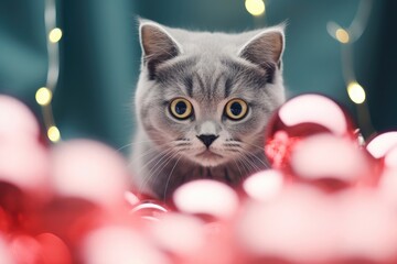 Kitten looking at camera sitting surrounded with Christmas tree toy balls.