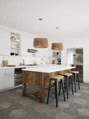 White kitchen with wood island and patterned wood fixtures with kitchen appliances and utensils. 