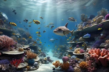 Dive into the depths of the ocean and discover a hidden world of marine life, brought to life with stunning realism and intricate details. From colorful coral reefs to mysterious sea creatures. Genera - obrazy, fototapety, plakaty