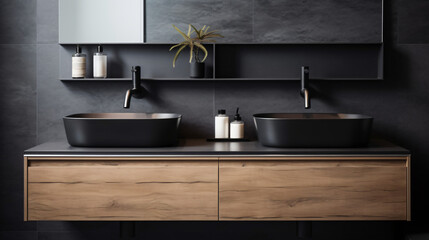 Close up of double black sink