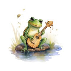 Watercolor green frog playing a tiny musical instrument on white background.