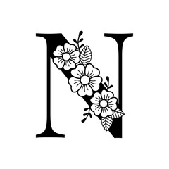 Vector floral alphabet design. Letter N flower design