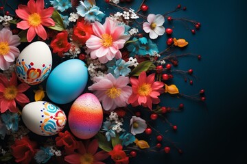 Obraz na płótnie Canvas background with colorful eggs and blooming flowers. Generative AI