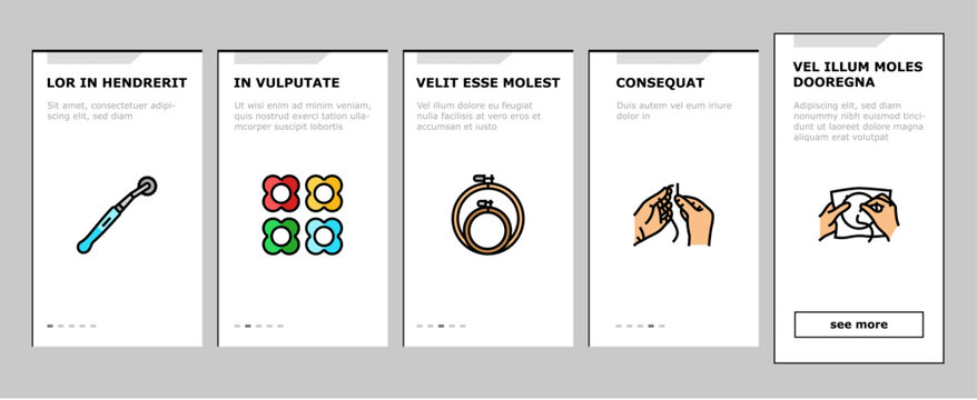 embroidery hobby fabric fashion onboarding mobile vector. stitch sewing, needle thread, textile craft, decor art, cotton clothing, decoration embroidery hobby fabric fashion Illustrations