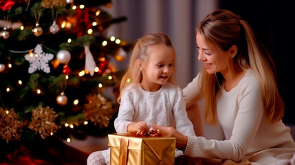 Obraz na płótnie Canvas a happy family mother and child pack Christmas gifts at home near the Christmas tree. Ai generated