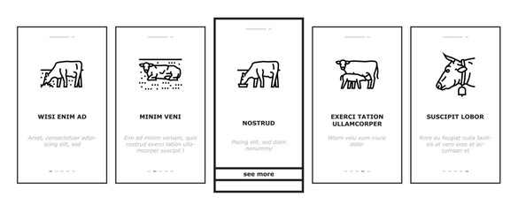 cow farm dairy cattle milk white onboarding mobile vector. agriculture nature, livestock grass, beef field, pasture animal, meadow calf, summer cow farm dairy cattle milk white Illustrations
