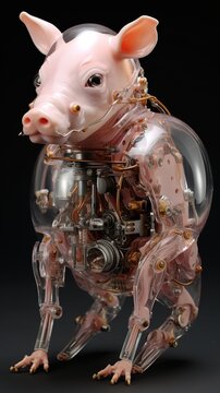 a transparent mechanical robotic standing piggy isolated on black background