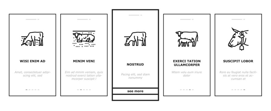 cow farm dairy cattle milk white onboarding mobile vector. agriculture nature, livestock grass, beef field, pasture animal, meadow calf, summer cow farm dairy cattle milk white Illustrations