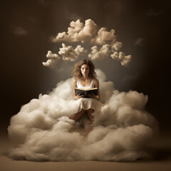 Young woman reading on clouds, whimsical subject matters, dramatic lighting, dark beige.