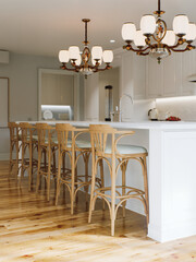 Traditional white kitchen with long island and wooden chairs with varnished wood flooring. 