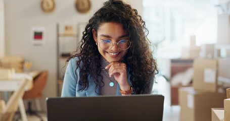 Employee, reading and woman with a laptop, ecommerce and connection with startup, website...