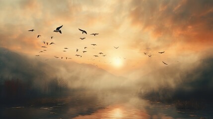 flock of birds flying  over the lake in the mist at sunset